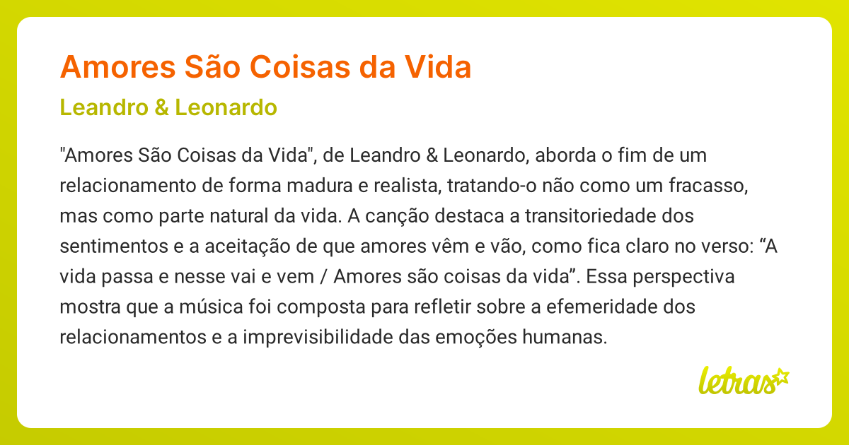 Significado da música AMORES SÃO COISAS DA VIDA (Leandro & Leonardo ...