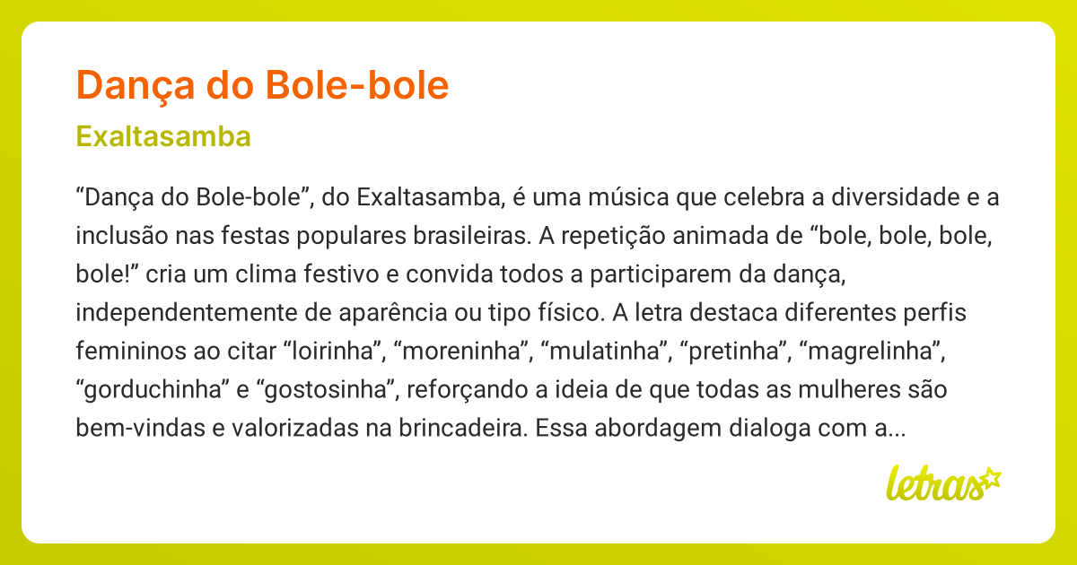 Significado da música DANÇA DO BOLE-BOLE (Exaltasamba) - LETRAS.MUS.BR
