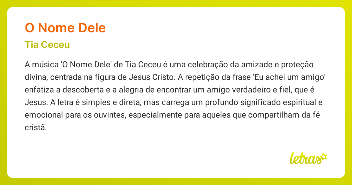 Significado da música O NOME DELE (Tia Ceceu) - LETRAS.MUS.BR