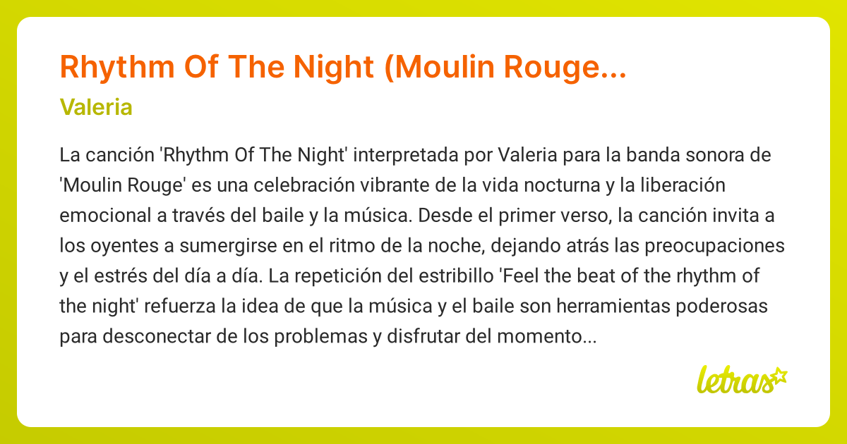 Significado de la canción Rhythm Of The Night (Moulin Rouge Soundtrack ...