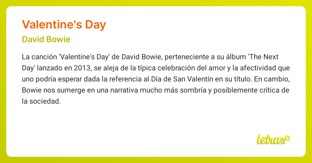 Significado de la canción VALENTINE'S DAY (David Bowie) - LETRAS.COM