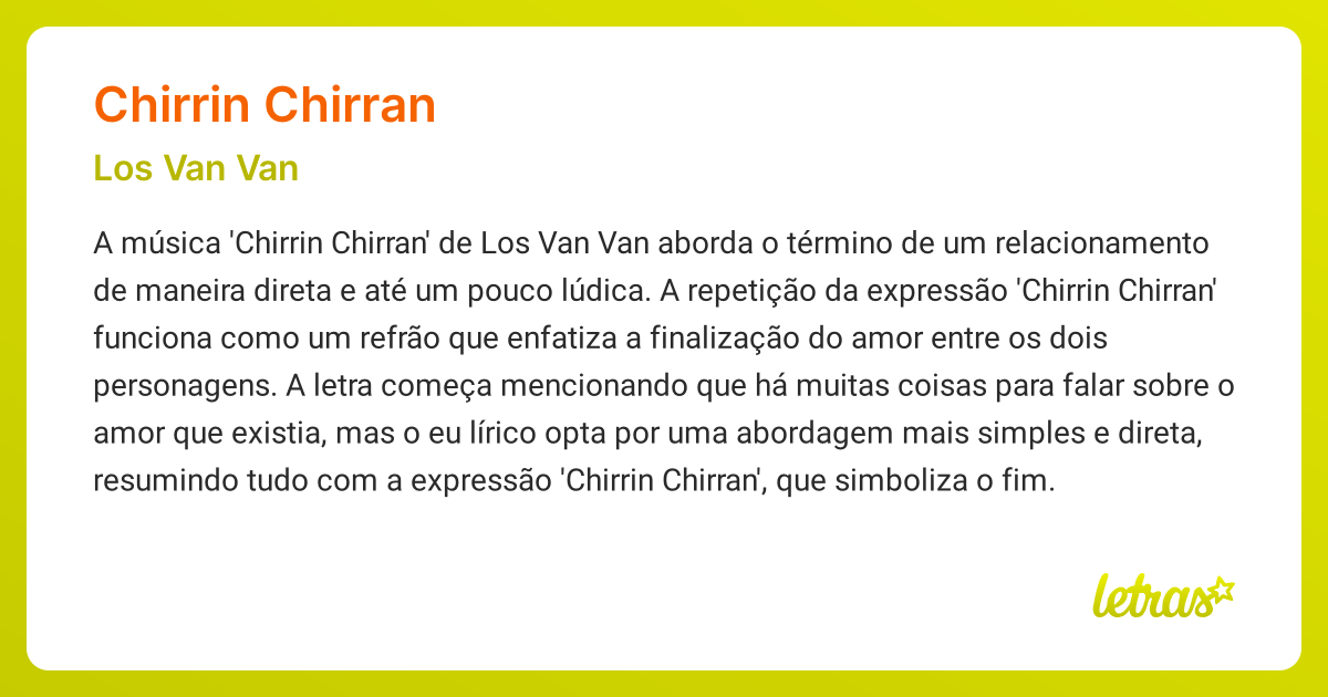 Significado da música CHIRRIN CHIRRAN (Los Van Van) - LETRAS.MUS.BR