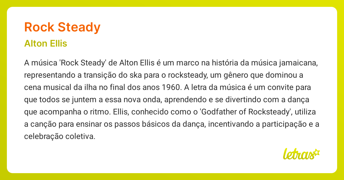 Significado da música ROCK STEADY (Alton Ellis) - LETRAS.MUS.BR