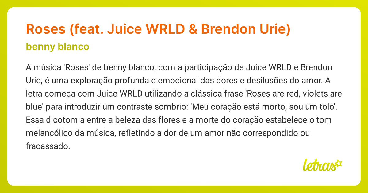 Significado da música Roses (feat. Juice WRLD & Brendon Urie) (benny