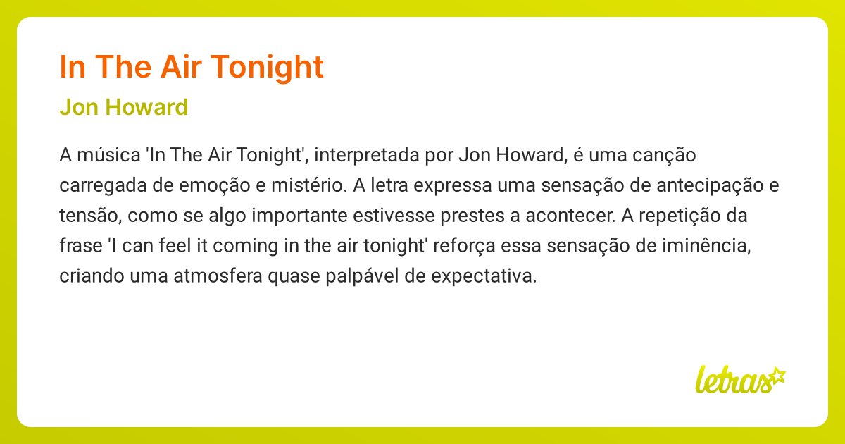 Significado da música IN THE AIR TONIGHT (Jon Howard) - LETRAS.MUS.BR