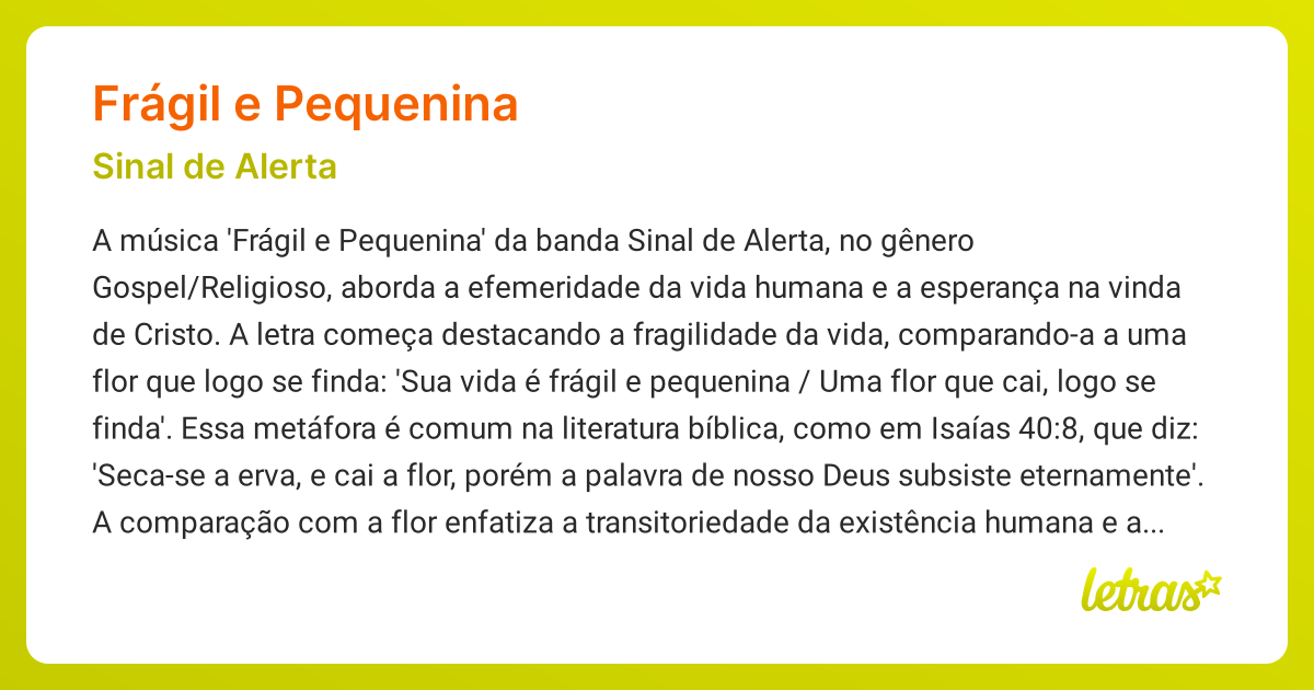 Significado da música FRÁGIL E PEQUENINA (Sinal de Alerta) - LETRAS.MUS.BR