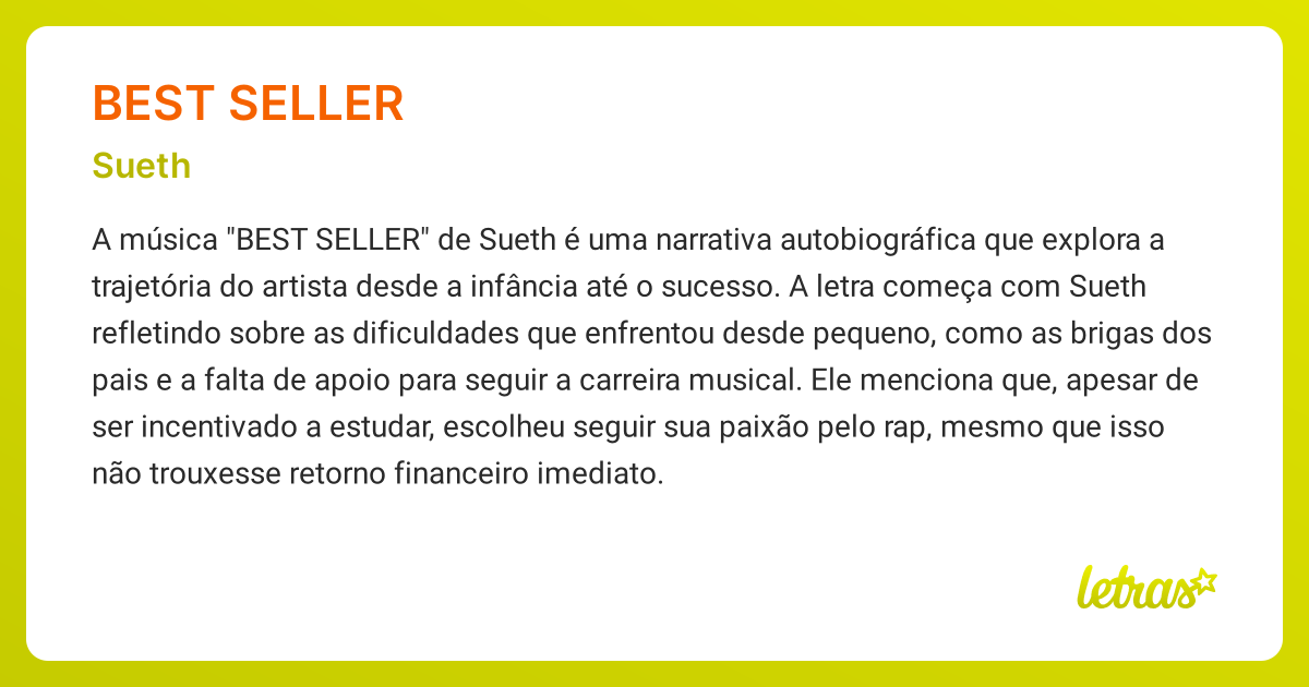 Significado da música BEST SELLER (Sueth) - LETRAS.MUS.BR