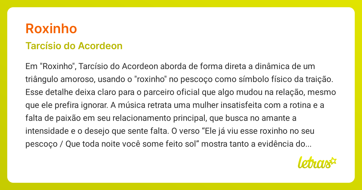 Significado da música ROXINHO (Tarcísio do Acordeon) - LETRAS.MUS.BR
