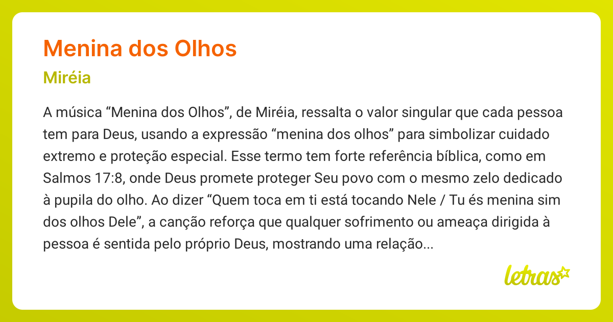 Significado da música MENINA DOS OLHOS (Miréia) - LETRAS.MUS.BR
