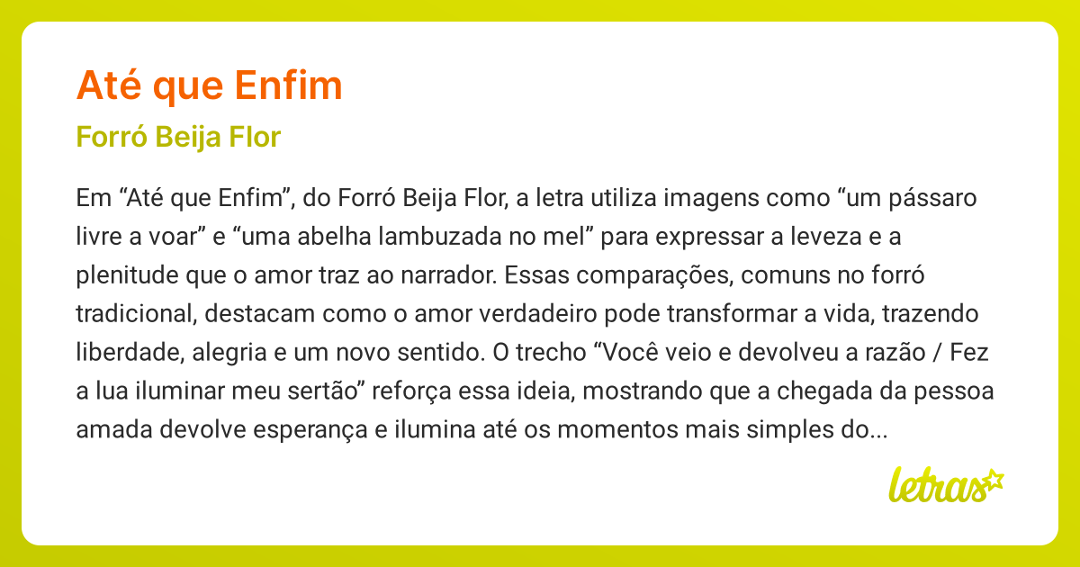 Significado da música ATÉ QUE ENFIM (Forró Beija Flor) - LETRAS.MUS.BR