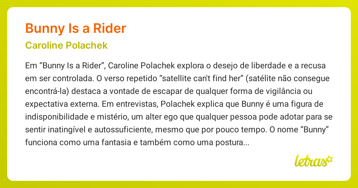Significado da música BUNNY IS A RIDER (Caroline Polachek) - LETRAS.MUS.BR
