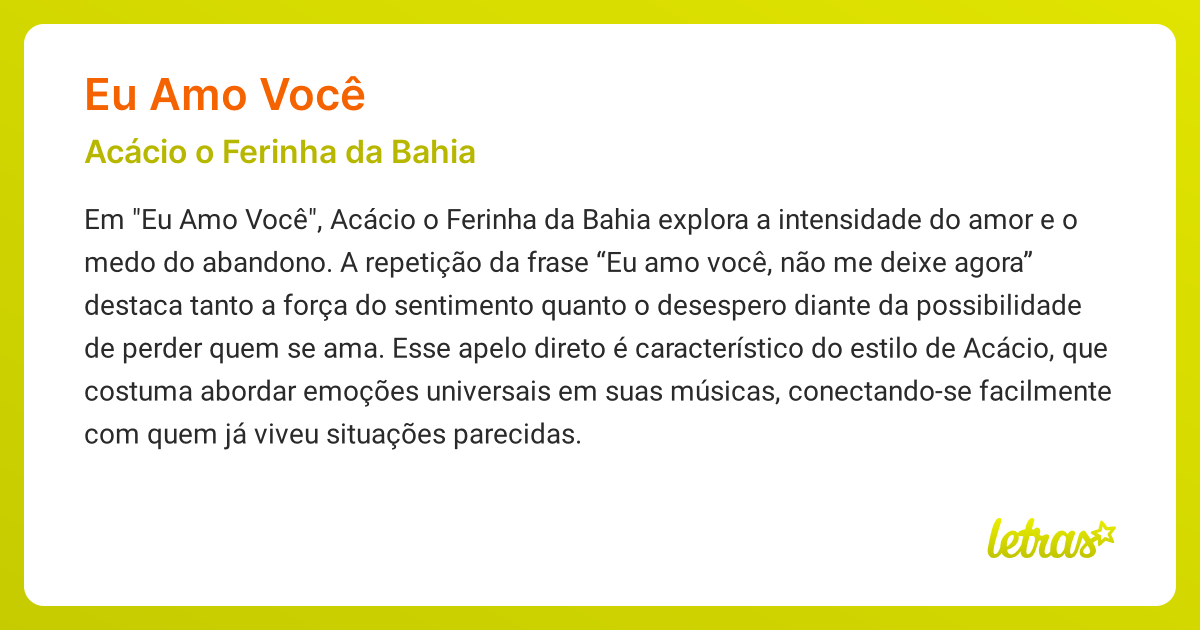 Significado da música EU AMO VOCÊ (Acácio o Ferinha da Bahia) - LETRAS ...