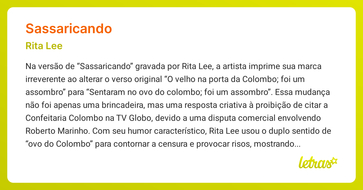 Significado da música SASSARICANDO (Rita Lee) - LETRAS.MUS.BR