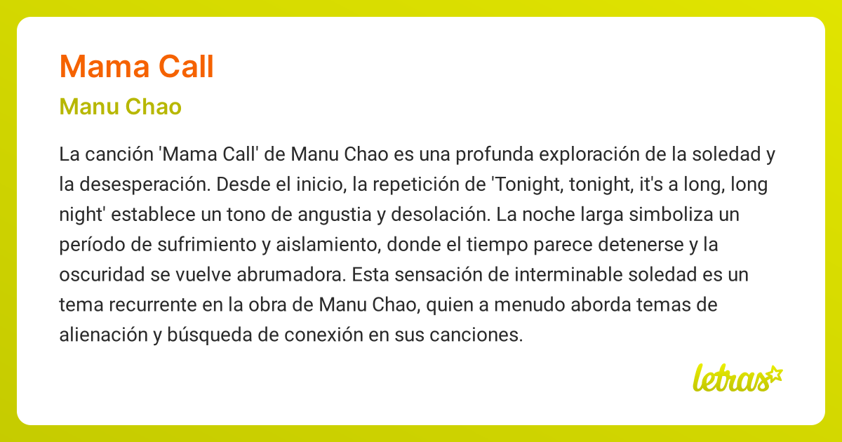 Significado de la canción MAMA CALL (Manu Chao) - LETRAS.COM