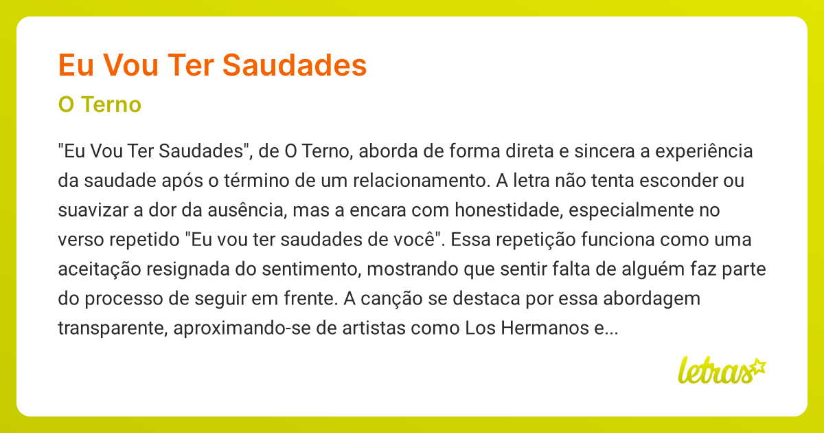 Significado da música EU VOU TER SAUDADES (O Terno) - LETRAS.MUS.BR