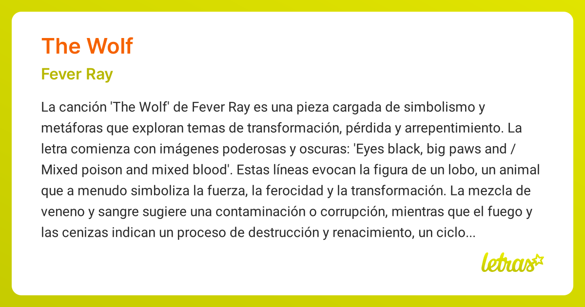 Significado de la canción THE WOLF (Fever Ray) - LETRAS.COM