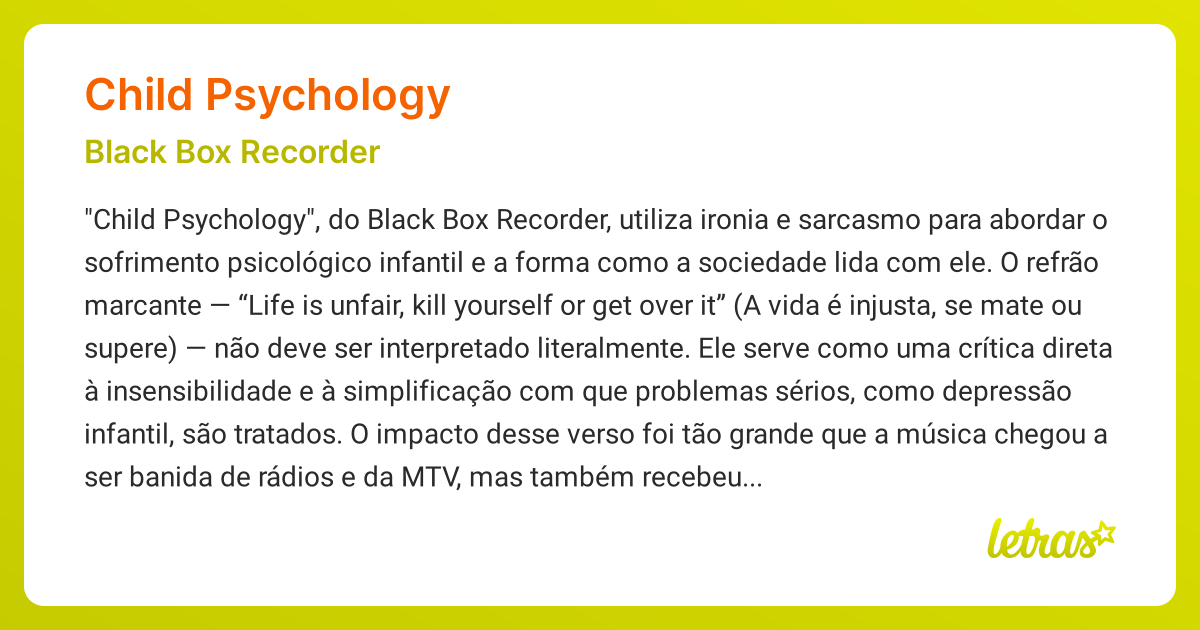Significado da música CHILD PSYCHOLOGY (Black Box Recorder) LETRAS.MUS.BR