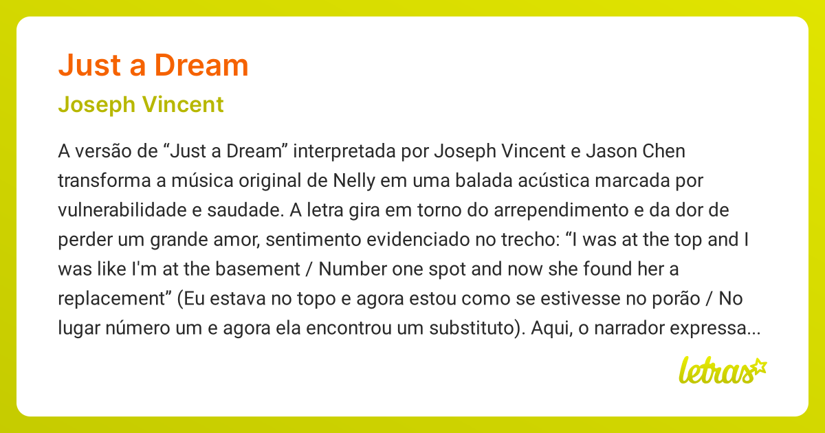 Significado da música JUST A DREAM (Joseph Vincent) - LETRAS.MUS.BR