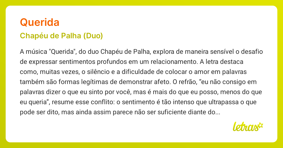 Significado da música QUERIDA (Chapéu de Palha (Duo)) - LETRAS.MUS.BR