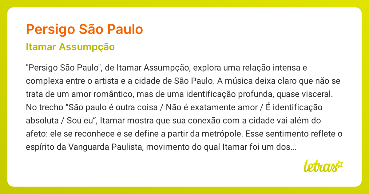 Significado da música PERSIGO SÃO PAULO (Itamar Assumpção) - LETRAS.MUS.BR