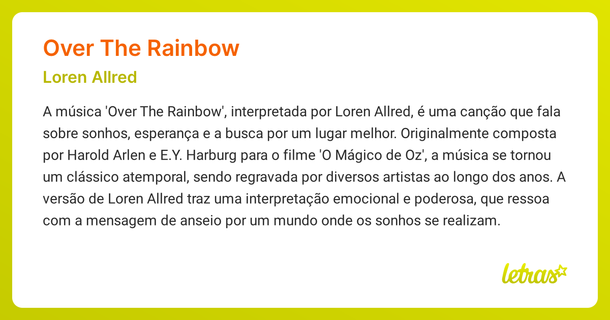 Significado Da Música Over The Rainbow (loren Allred) - Letras.mus.br