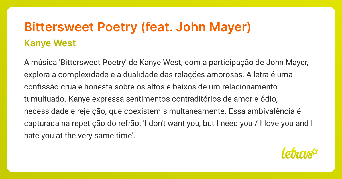 Bittersweet Poetry (feat. John Mayer) (SIGNIFICADO) - Kanye West