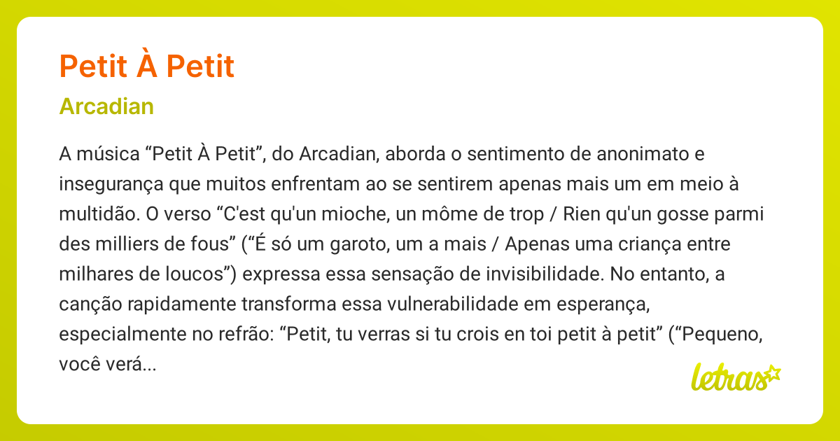 Significado da música PETIT À PETIT (Arcadian) - LETRAS.MUS.BR