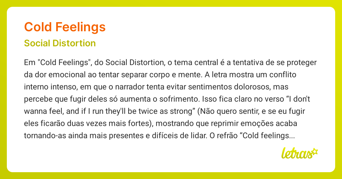 Significado da música COLD FEELINGS (Social Distortion) LETRAS.MUS.BR
