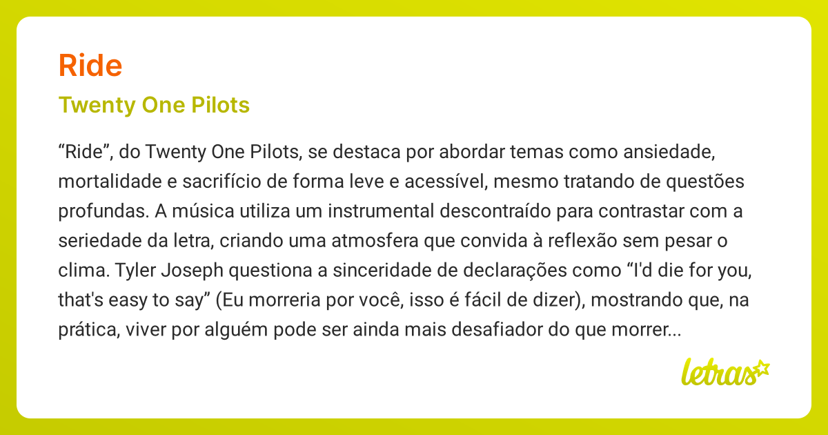 Significado da música RIDE (Twenty One Pilots) LETRAS.MUS.BR