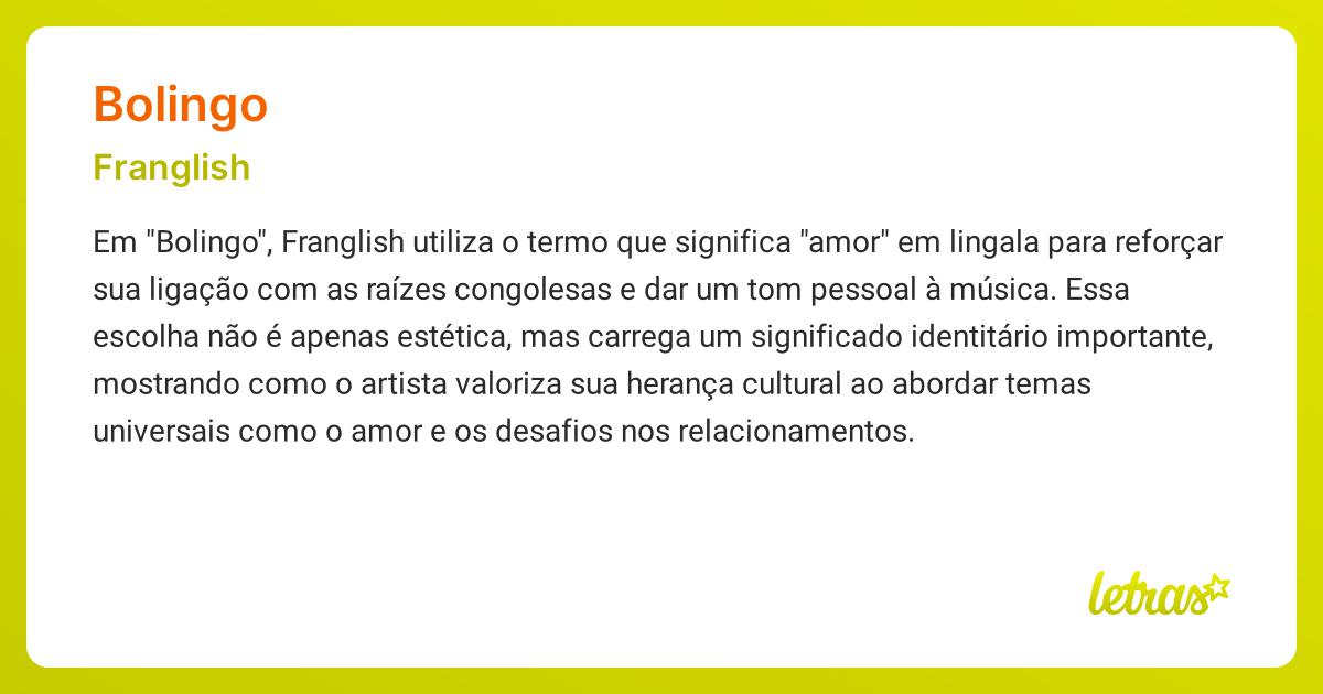 Significado da música BOLINGO (Franglish) - LETRAS.MUS.BR