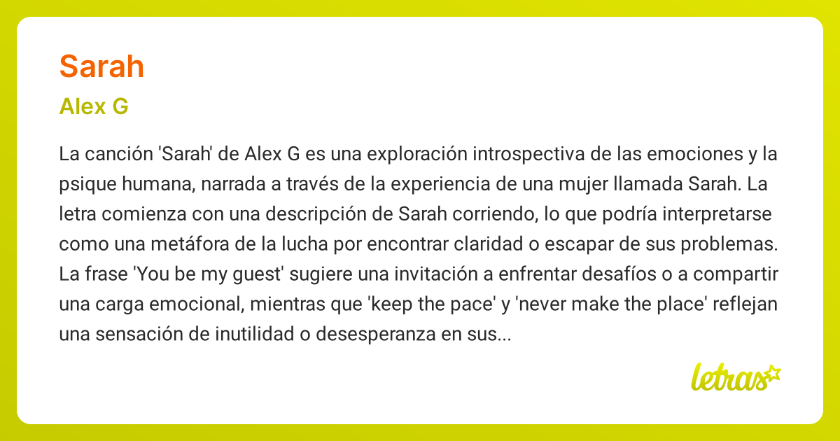 Significado de la canción SARAH (Alex G) - LETRAS.COM
