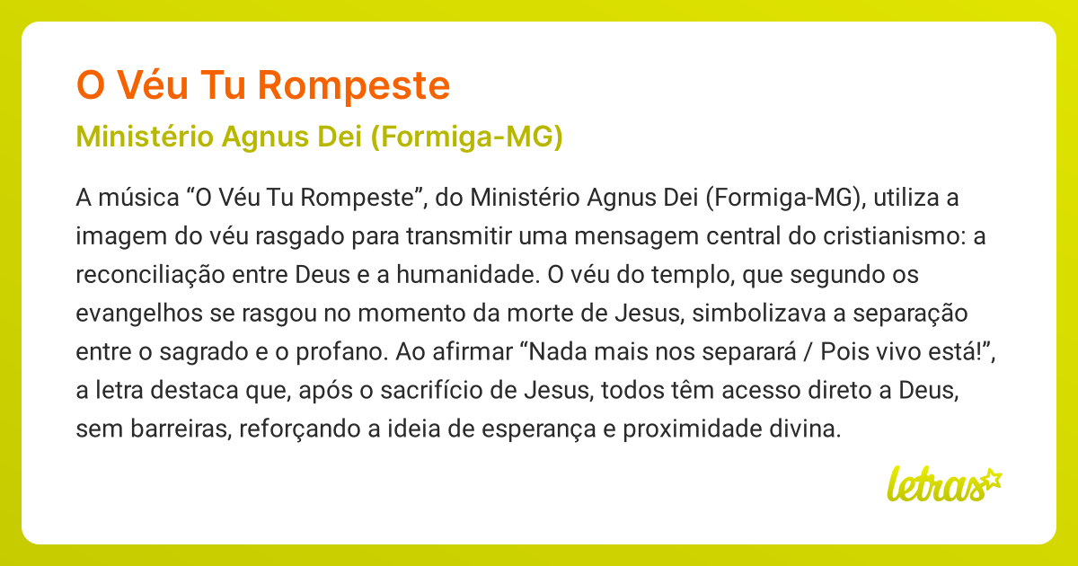 Significado da música O VÉU TU ROMPESTE (Ministério Agnus Dei (Formiga ...