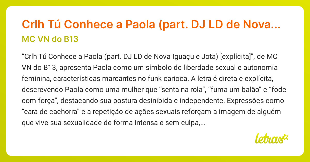 Significado da música Crlh Tú Conhece a Paola (part. DJ LD de Nova ...