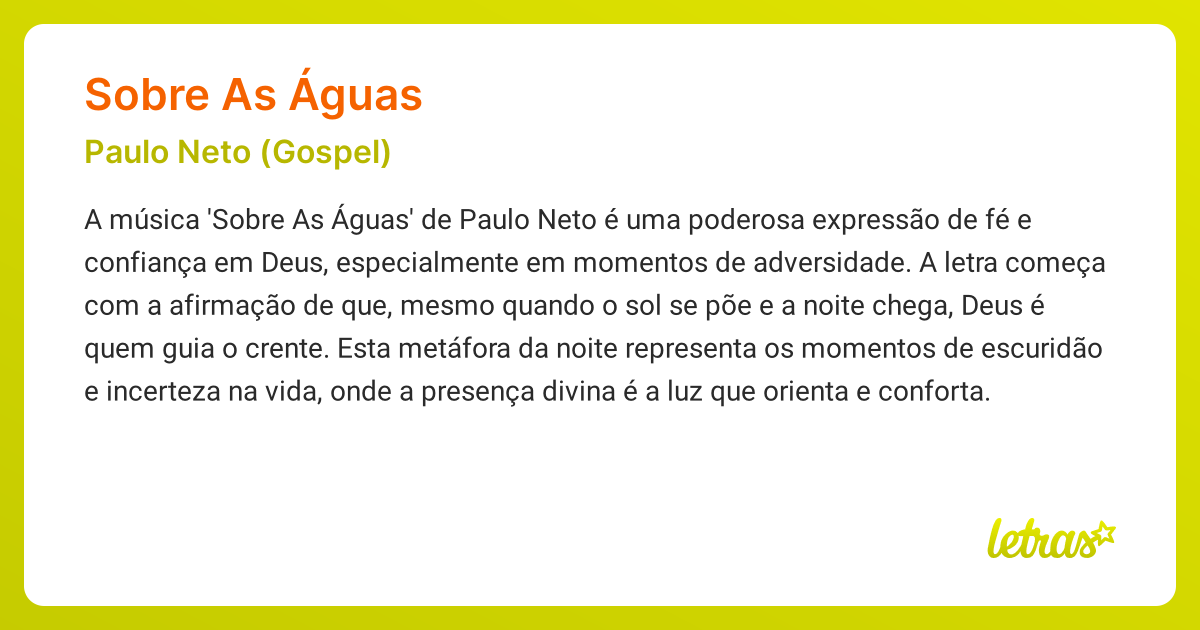 Significado da música SOBRE AS ÁGUAS (Paulo Neto (Gospel)) - LETRAS.MUS.BR