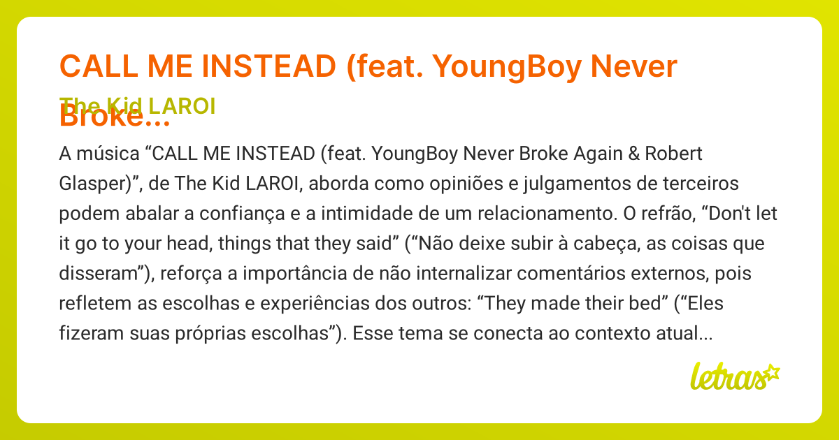 Significado da música CALL ME INSTEAD (feat. YoungBoy Never Broke Again ...