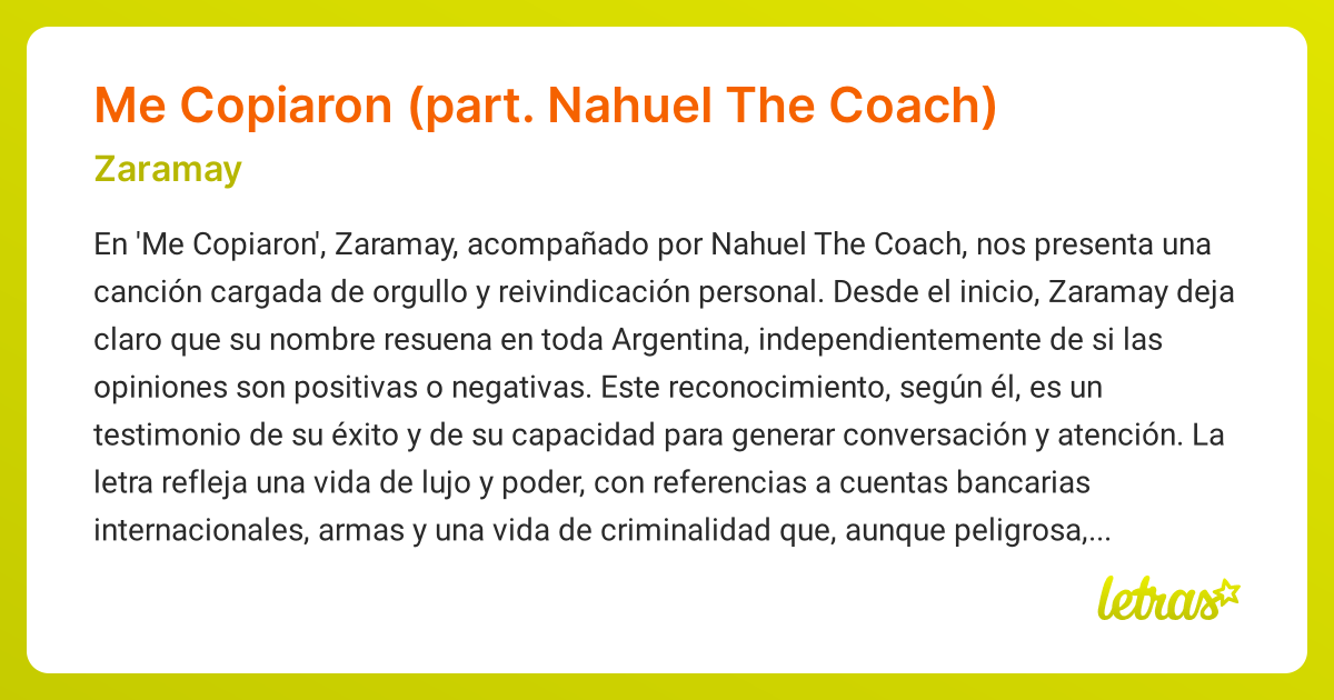 Significado de la canción Me Copiaron (part. Nahuel The Coach) (Zaramay ...