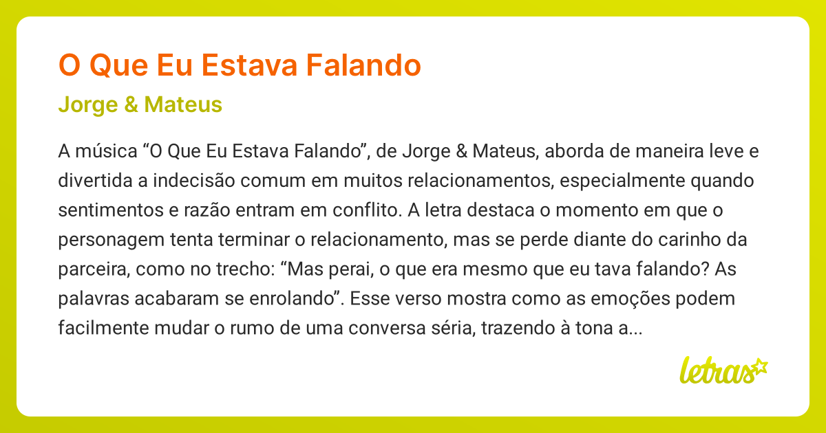 Significado da música O QUE EU ESTAVA FALANDO (Jorge & Mateus) - LETRAS ...