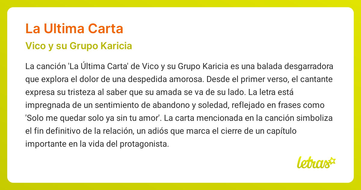 Significado de la canción LA ULTIMA CARTA (Vico y su Grupo Karicia