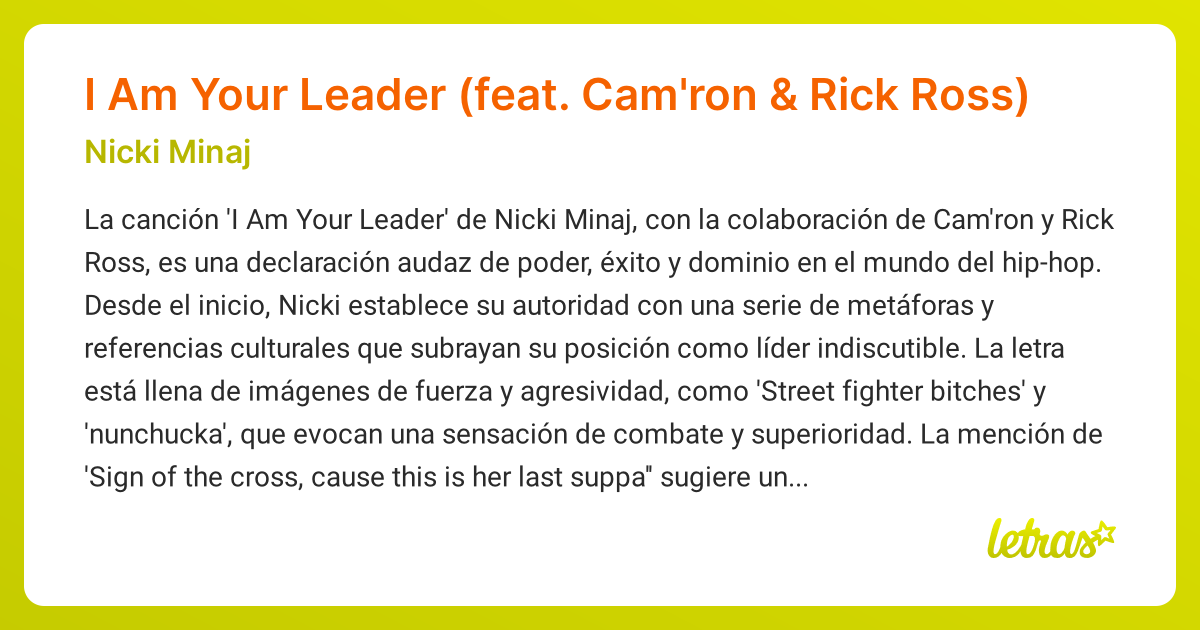 Significado de la canción I Am Your Leader (feat. Cam'ron & Rick Ross ...