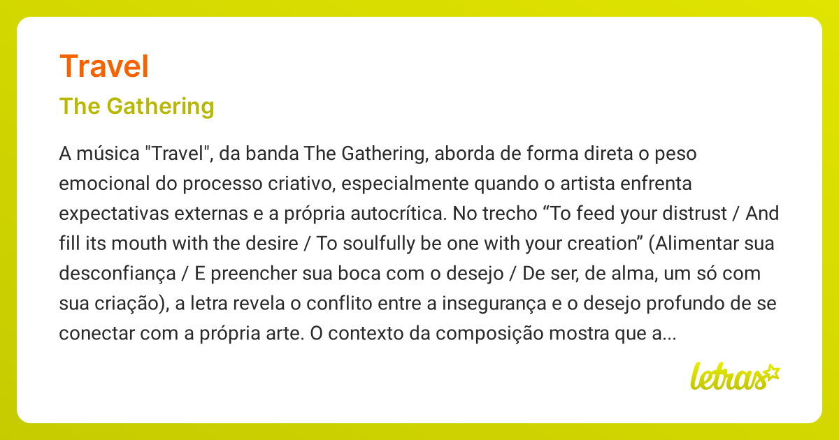 Significado da música TRAVEL (The Gathering) - LETRAS.MUS.BR