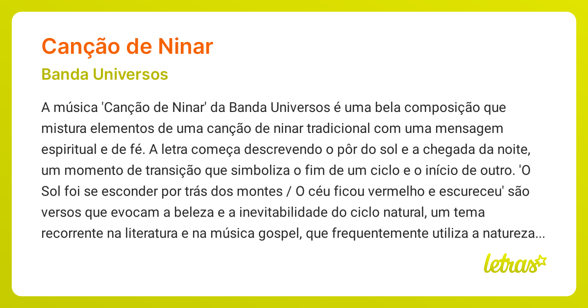 Significado da música CANÇÃO DE NINAR (Banda Universos) - LETRAS.MUS.BR
