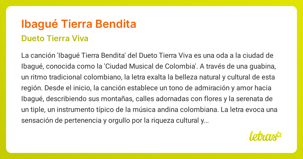 Significado de la canción IBAGUÉ TIERRA BENDITA (Dueto Tierra Viva ...