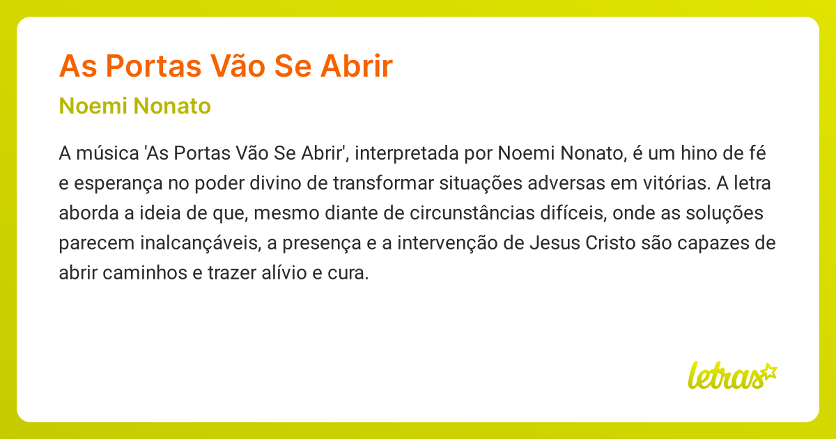 Significado da música AS PORTAS VÃO SE ABRIR (Noemi Nonato) - LETRAS.MUS.BR