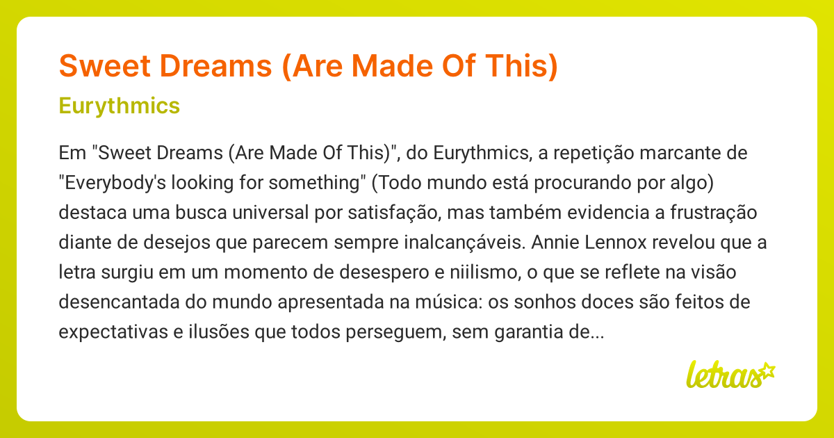 Significado da música Sweet Dreams (Are Made Of This) (Eurythmics