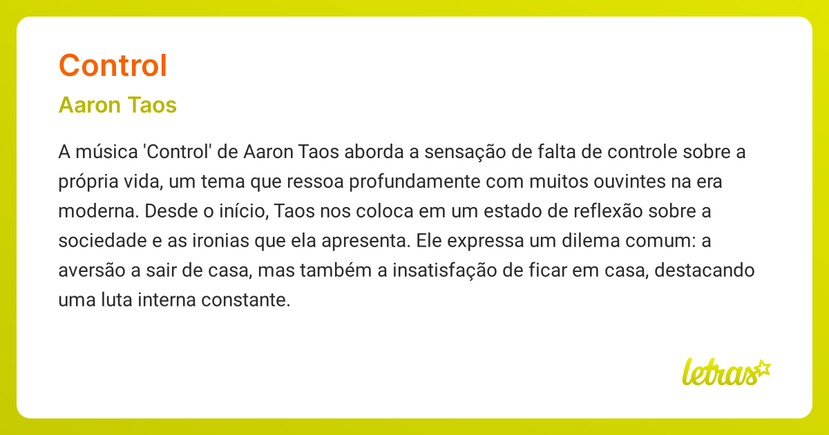 Significado da música CONTROL (Aaron Taos) - LETRAS.MUS.BR