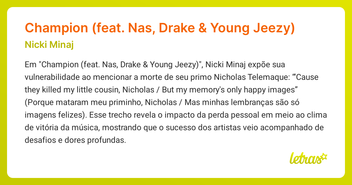 Significado da música Champion (feat. Nas, Drake & Young Jeezy) (Nicki ...