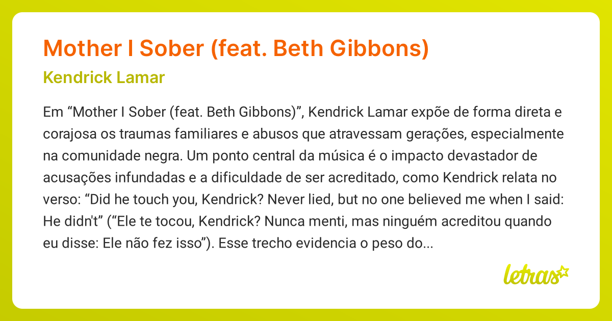 Significado da música Mother I Sober (feat. Beth Gibbons) (Kendrick Lamar) LETRAS.MUS.BR