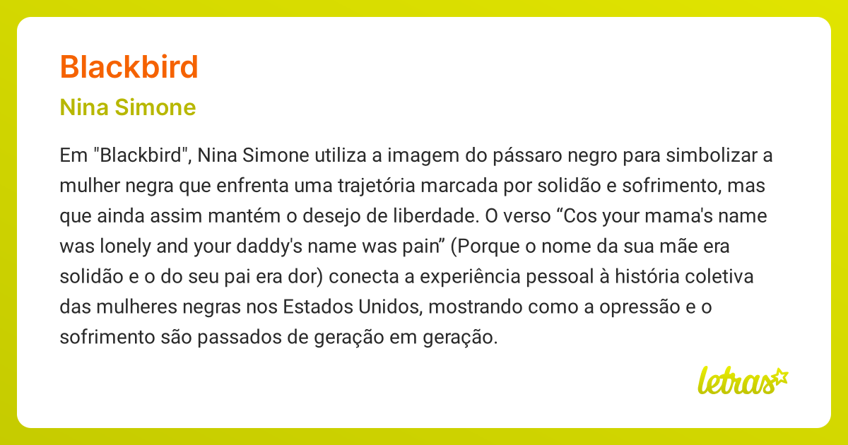 Significado da música BLACKBIRD (Nina Simone) - LETRAS.MUS.BR