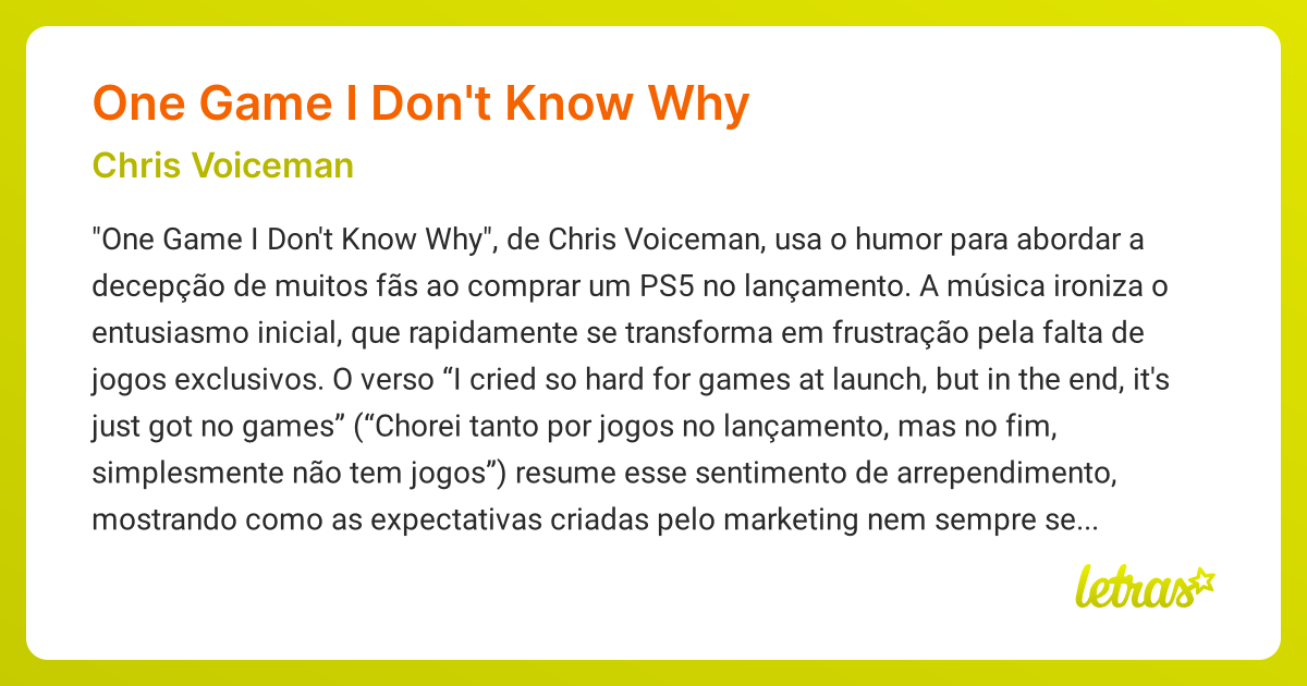ONE GAME I DON'T KNOW WHY (SIGNIFICADO) - Chris Voiceman