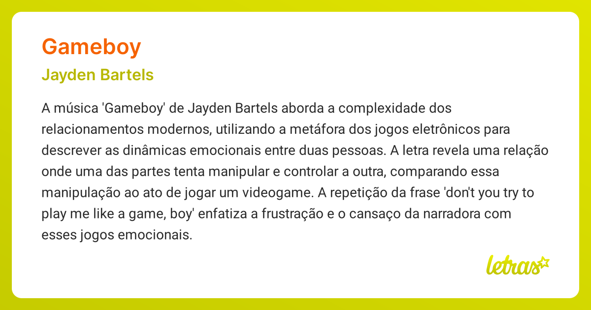 Significado da música GAMEBOY (Jayden Bartels) - LETRAS.MUS.BR